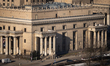 One of the lower wings of the Palace of Culture and Science is shown in a close view, high...