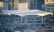 Warszawa Centralna railway station is shown in a winter morning urban view from a high flo...