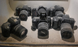 DOHA, QATAR - FEBRUARY 18:  A collection of vintage Nikon DSLR cameras and lenses are dis...