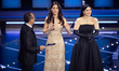 Giorgia Cardinaletti, Carlo Conti, and Laura Pausini attend the 76th Sanremo Music Festiva...