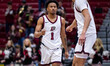 Caleb Williams of the Lafayette Leopards celebrates during an NCAA men's basketball game a...