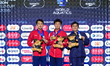Silver medal winner Lian Junjie of China, gold medal winner Bai Yuming of China, and bronz...