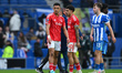 Dan Ndoye of Nottingham Forest and Morgan Gibbs-White of Nottingham Forest look dejected a...