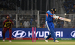 India's Abhishek Sharma plays a shot during the T20 World Cup cricket match between India...