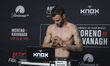 Felipe Bunes of Brazil poses on the scale during the UFC Fight Night ceremonial weigh-in a...