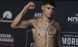 Daniel Zellhuber of Mexico poses on the scale during the UFC Fight Night ceremonial weigh-...