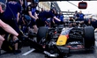 A pit stop practice session takes place with Formula 1 driver Max Verstappen of Oracle Red...