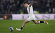 Fin Smith of England converts a try during the Guinness Six Nations 2026 match between Ita...