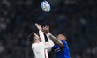 In Rome, Italy, on March 7, 2026, Monty Ioane of Italy Rugby competes for the ball with El...