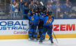 Toronto Sceptres teammates celebrate after scoring against Minnesota Frost during the Prof...