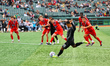 Brooklyn FC forward Juan Carlos Obregon Jr. #29 kicks a penalty kick for a goal during the...