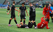Brooklyn FC defender Rocco Romeo #4 gets smacked in the face by Indy Eleven FC defender Ha...