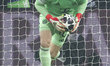 Jonas Urbig plays during the UEFA Champions League last 16 first leg football match betwee...
