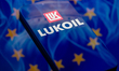 The Lukoil logo appears on a smartphone screen in this photo illustration, as the Russian...