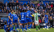 Chimy Avila of Real Betis Balompie (R) protests with Allan Nyom of Getafe CF (L) during th...