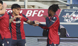 Jonathan Rowe of Bologna FC celebrates with a teammate during the Bologna FC vs Hellas Ver...