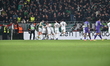 Players of Ferencvaros celebrate after scoring in the Europa League round of 16 first leg...