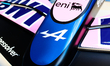 A detailed view of the front wing and nose cone of the BWT Alpine A526 Formula 1 car at th...