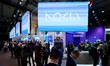 The Nokia corporate logo is illuminated at the Fira Gran Via booth, highlighting the compa...