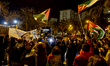 Pro-Palestinian activists gather outside the Palau Blaugrana in Barcelona, Catalonia, Spai...