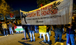 Pro-Palestinian activists gather outside the Palau Blaugrana in Barcelona, Catalonia, Spai...