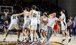 The Lehigh Mountain Hawks celebrate after they win the 2026 Patriot League Men's Basketbal...