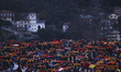 Roma supporters are seen during the Serie A match between Como and AS Roma at Giuseppe Sin...