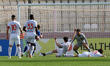 Jose Ulises Arias (third from left, partially hidden) of Marsaxlokk scores the 1-0 goal du...