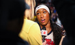 Mississippi Rebels forward Cotie McMahon (32) is interviewed after a first-round game of t...