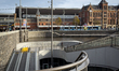 The entrance ramp to the Stationsplein bicycle parking facility is seen near Amsterdam Cen...
