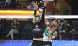 Monika Paulikiene of Lithuania spikes the ball against Alisa Batenhorts of the United Stat...