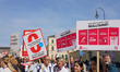 Pharmacists demonstrate with signs and banners at Odeonsplatz in Munich, Bavaria, Germany,...