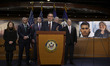 House Speaker Mike Johnson speaks about immigration policy during a press conference at HV...