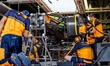Mechanics work on the car of Formula 1 driver Lando Norris of the McLaren Mastercard Formu...
