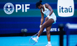 Coco Gauff of the United States reacts during her match against Aryna Sabalenka on Day 12...