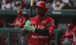 Bryan Gonzalez #56 of Diablos Rojos del Mexico stands in his batting stance during the Bas...