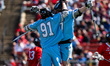 Hunter Chauvette and Sean Crogan of the Johns Hopkins Blue Jays celebrate during an NCAA m...