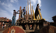 Nepali workers prepare the chariot of Hindu deities Bhairav and Bhadrakali for the annual...