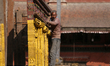 A Nepali worker prepares the chariot of Hindu deities Bhairav and Bhadrakali for the annua...