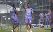 Sunil Narine of Kolkata Knight Riders warms up during a training session ahead of the Indi...