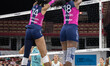 Tia Jimerson #14 and Ivonee Montano #18 of LOVB Atlanta block a hit by LOVB Madison at the...