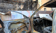 A burnt-out car is outside a veterinary clinic damaged by a drone strike in Chabany, Kyiv...