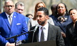 Brooklyn Borough President Antonio Reynoso speaks at a vigil for the fatal shooting of 7-m...