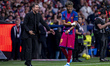 Diego Pablo Simeone, head coach of Atletico de Madrid, interacts with Lamine Yamal of FC B...