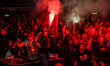 Lille supporters celebrate after the French Ligue 1 football match between Lille LOSC and...