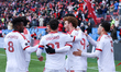 Toronto FC striker Josh Sargent #9 (left) celebrates his goal with teammates during a Majo...