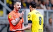 Referee Robin Hensgens and NAC Breda player Clint Leemans are seen during the Vriendenlote...