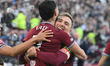Jarrod Bowen of West Ham United celebrates with Taty Castellanos of West Ham United after...