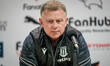 Mark Robins, manager of Stoke City, attends the post-match press conference during the Sky...