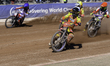Ryan Douglas of Leicester Lions in white leads Tom Brennan, guest rider for Belle Vue Aces...